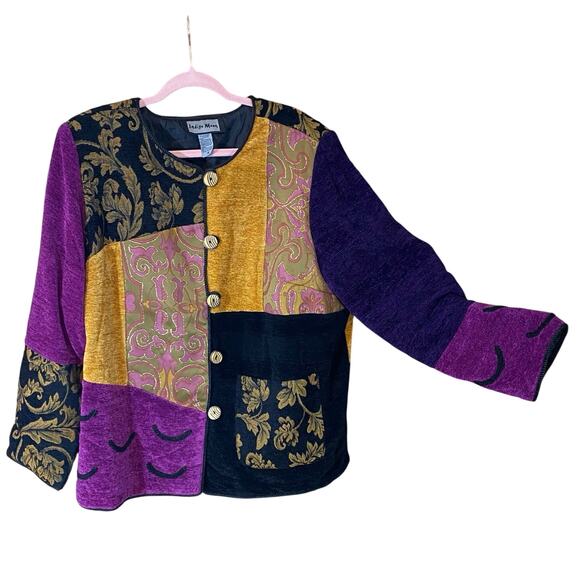 Vintage Indigo Moon Chenille Tapestry Patchwork Jacket 1X Artsy Boho plus size - Picture 1 of 10